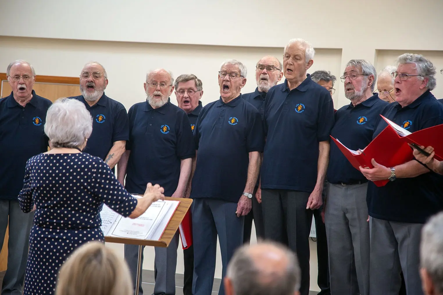 A male voice choir performing in the hall