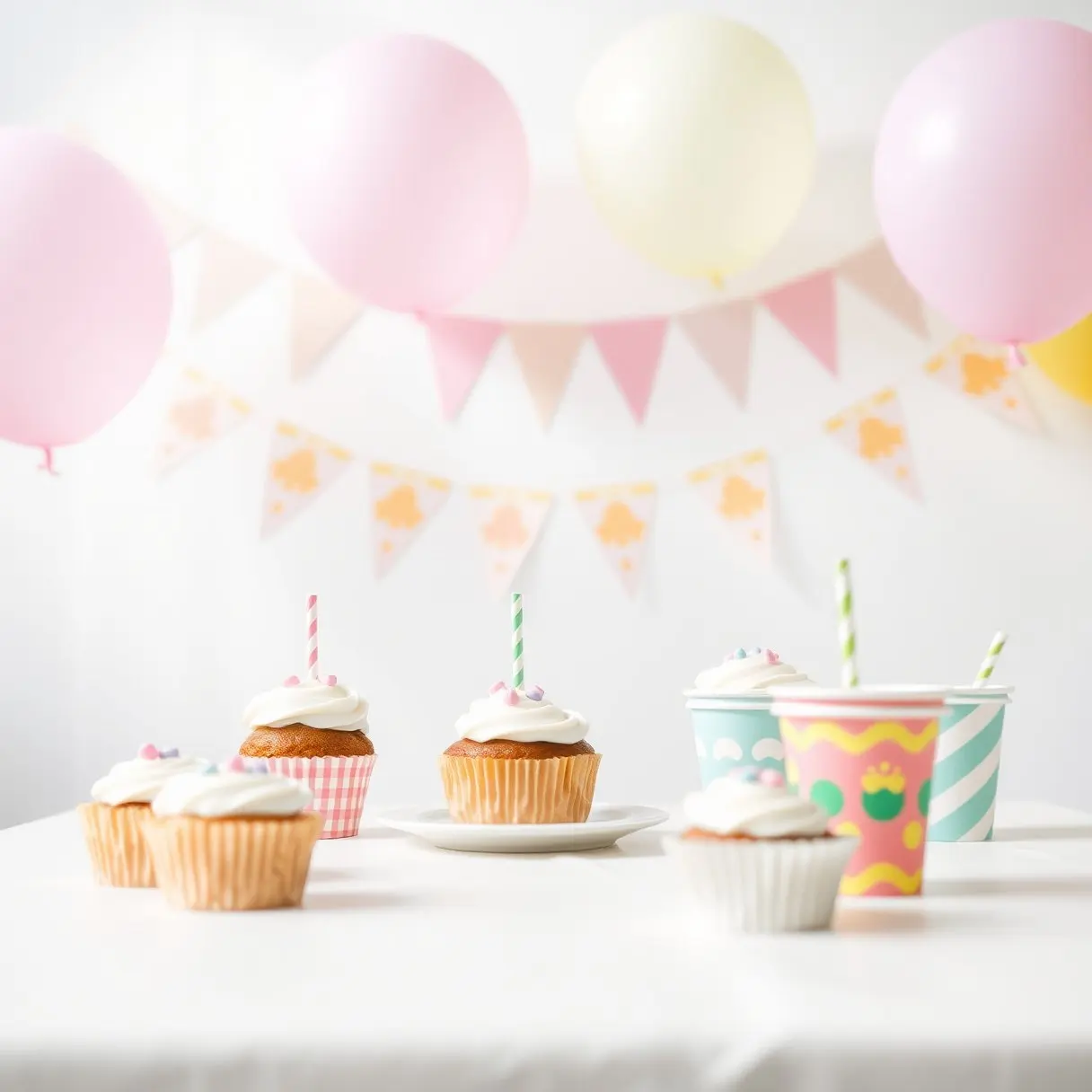 A children’s party table with balloons and cupcakes (illustrative)