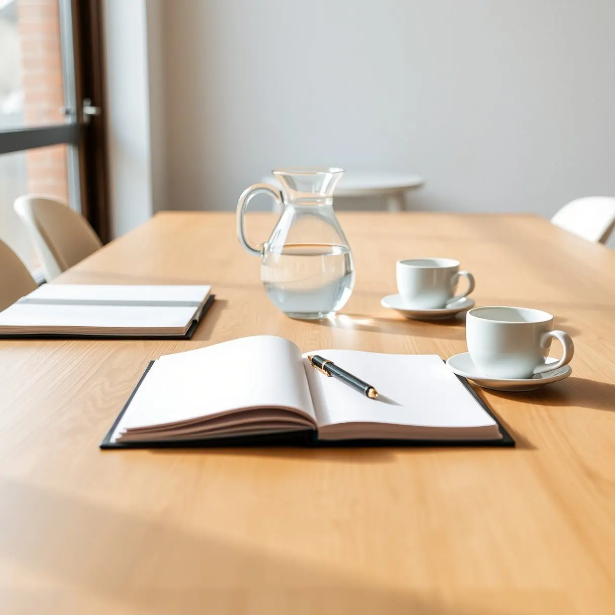 A meeting table with notebooks and coffee (illustrative)